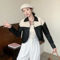 2024春装新款时尚气质拼色皮衣夹克