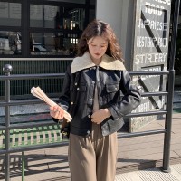 现货春季新款毛线领相拼皮衣外套779