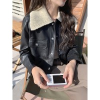 现货春季新款毛线领相拼皮衣外套779