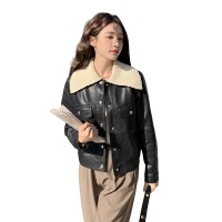现货春季新款毛线领相拼皮衣外套779