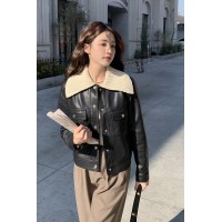 现货春季新款毛线领相拼皮衣外套779