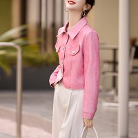 现货粉色小香风高级感皮外套女春秋季新款富家千金法式小个子上衣