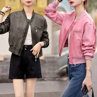 现货时髦做旧复古新款短款立领机车服