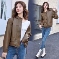 2024春季女装新款时尚休闲立领短款欧版皮衣外套