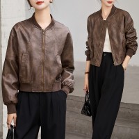 欧美风短款机车棕色皮衣外套女秋季新款宽松夹克高级感复古棒球服