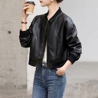 欧美风短款机车棕色皮衣外套女秋季新款宽松夹克高级感复古棒球服