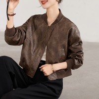 欧美风短款机车棕色皮衣外套女秋季新款宽松夹克高级感复古棒球服