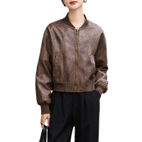 欧美风短款机车棕色皮衣外套女秋季新款宽松夹克高级感复古棒球服