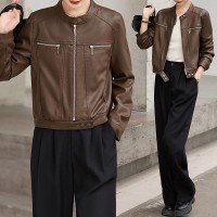 欧货圆领长袖搭扣皮衣外套女2024年春季新款机车时尚皮夹克短外套