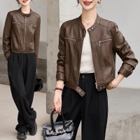 欧货圆领长袖搭扣皮衣外套女2024年春季新款机车时尚皮夹克短外套