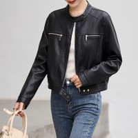 欧货圆领长袖搭扣皮衣外套女2024年春季新款机车时尚皮夹克短外套