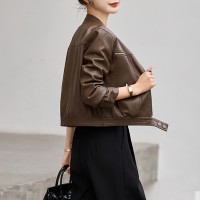 欧货圆领长袖搭扣皮衣外套女2024年春季新款机车时尚皮夹克短外套