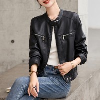 欧货圆领长袖搭扣皮衣外套女2024年春季新款机车时尚皮夹克短外套