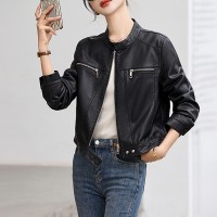 欧货圆领长袖搭扣皮衣外套女2024年春季新款机车时尚皮夹克短外套