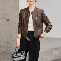 欧货圆领长袖搭扣皮衣外套女2024年春季新款机车时尚皮夹克短外套