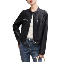 欧货圆领长袖搭扣皮衣外套女2024年春季新款机车时尚皮夹克短外套
