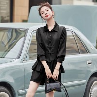 2024春季女装新款时尚盘扣假两件上衣+蛋白皮短款两件套