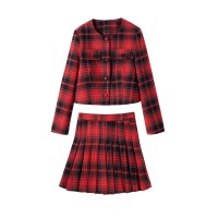 《现货新品》时尚学院风格纹百褶裙两件套套裙