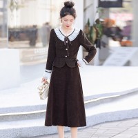 2024春装新款气质娃娃领上衣+半身裙套装