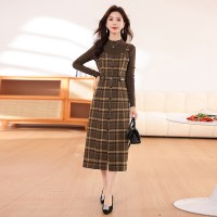 2024年新款春季女时尚显瘦格子两件套连衣裙