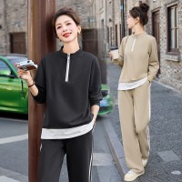 现货2024年新款春装时尚洋气宽松显瘦休闲运动假俩件卫衣运动套装