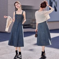 bao款现货2024新款春夏装女装韩版休闲可爱牛仔连衣裙两件套
