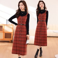 现货2024年新款春季女时尚显瘦格子两件套连衣裙