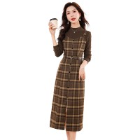 现货2024年新款春季女时尚显瘦格子两件套连衣裙