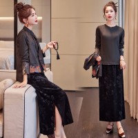 现货2024春季新款guo风盘扣马甲女双面穿海浪刺绣三件套套裙