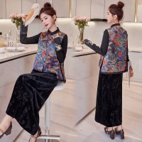 现货2024春季新款guo风盘扣马甲女双面穿海浪刺绣三件套套裙