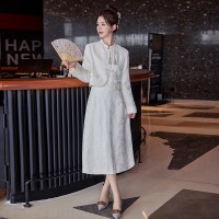 现货2024年春季新款时尚气质新中式流苏盘扣提花半身裙两件套套装