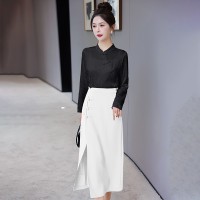 现货2024年春季新款女装时尚气质新中式盘扣提花套裙