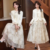 2024年春季中式文艺套裙袖口镶色门襟盘扣小外套+压绉花色半身裙
