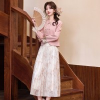 2024年春季中式文艺套裙袖口镶色门襟盘扣小外套+压绉花色半身裙