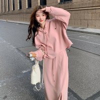 【春款现货好款】荷叶卷显白粉色二件套装卫衣裙