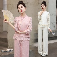 现货小香风提花套装女新款春季盘扣女装减龄漂亮洋气两件套