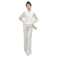 现货小香风提花套装女新款春季盘扣女装减龄漂亮洋气两件套