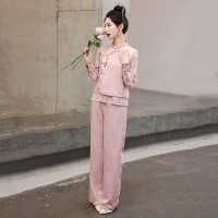 现货小香风提花套装女新款春季盘扣女装减龄漂亮洋气两件套