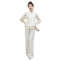 现货小香风提花套装女新款春季盘扣女装减龄漂亮洋气两件套