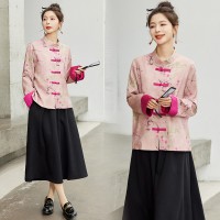 春装粉色新中式外套女新款高档气质提花小衫盘扣上衣唐装