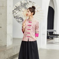 春装粉色新中式外套女新款高档气质提花小衫盘扣上衣唐装