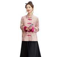 春装粉色新中式外套女新款高档气质提花小衫盘扣上衣唐装