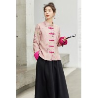 春装粉色新中式外套女新款高档气质提花小衫盘扣上衣唐装