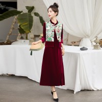 现货新中式套裙女2024年春季新款提花丝绒两件套裙