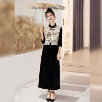 现货新中式套裙女2024年春季新款提花丝绒两件套裙