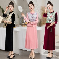 现货新中式套裙女2024年春季新款提花丝绒两件套裙