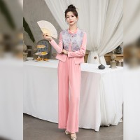 现货新中式套装套裤女2024年春季新款提花马甲丝绒套裤三件套