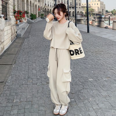 <!--春装新款韩版短装卫衣工装裤两件套装女202A-->