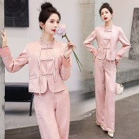 现货新中式女装春夏季新款时尚休闲盘扣气质通列百搭外套两件套