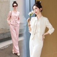 现货新中式女装春夏季新款时尚休闲盘扣气质通列百搭外套两件套